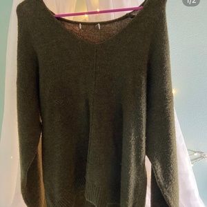 Green V-Neck Fuzzy Sweater